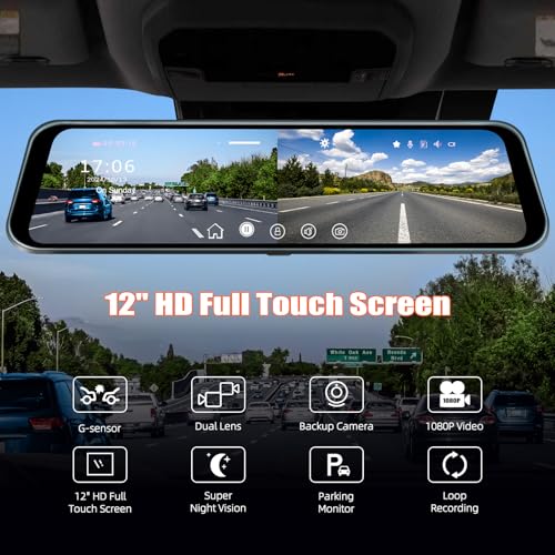 Cámara de tablero de espejo de 12 pulgadas, pantalla táctil