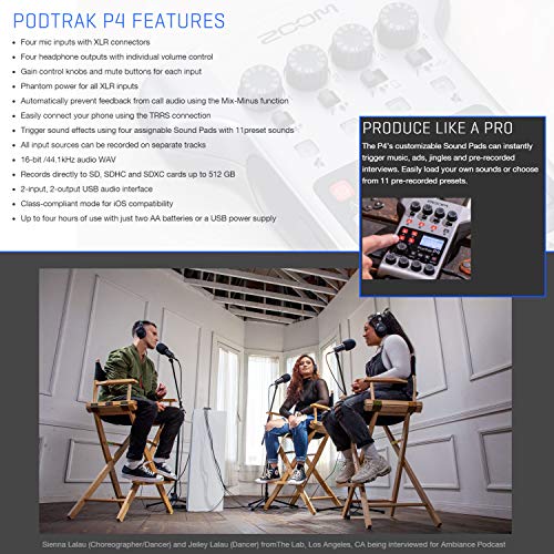 Zoom PodTrak P4 - Grabadora portátil multipista de podcasts