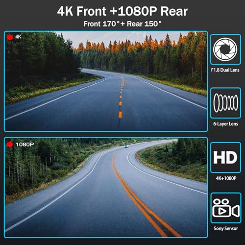 Cámara de tablero de espejo para coche Dual Dashcam 4K front
