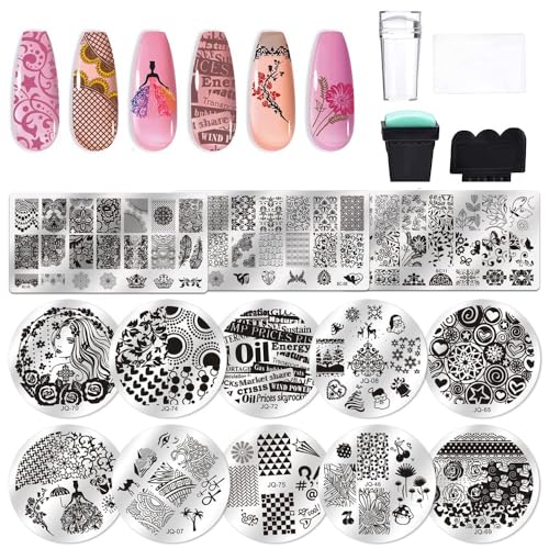 Biutee Kit de placa de estampado de uñas, 2 sellos de uñas,