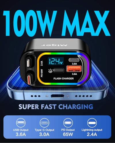 Miger Cargador retráctil de coche 4 en 1,100 W cargador de c