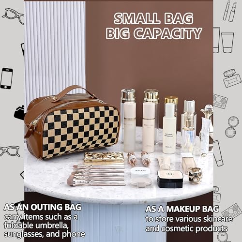 Vintage Makeup Bag for Women Portable Retro Checkered Patter