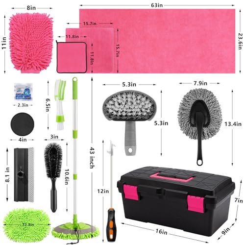 Kit de limpieza de coche de 28 piezas, color rosa, cepillo d