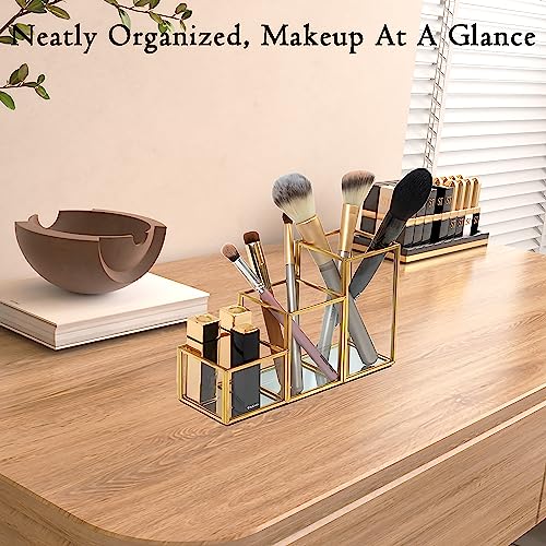 Soporte para brochas de maquillaje de vidrio con 3 compartim