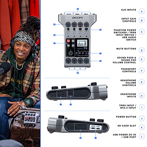 Zoom PodTrak P4 - Grabadora de podcasts portátil multipista