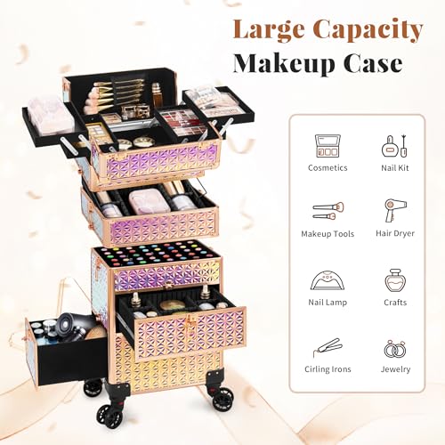 Estuche de maquillaje con ruedas 4 en 1 con cajones, carrito