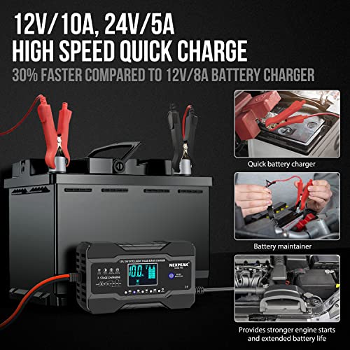 NEXPEAK Cargador de batería de coche de 10 amperios, 12 V y