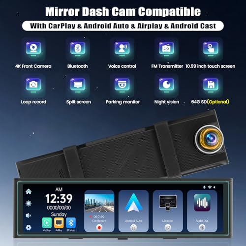 Cámara de tablero de espejo 4K con Carplay y Android Auto, c
