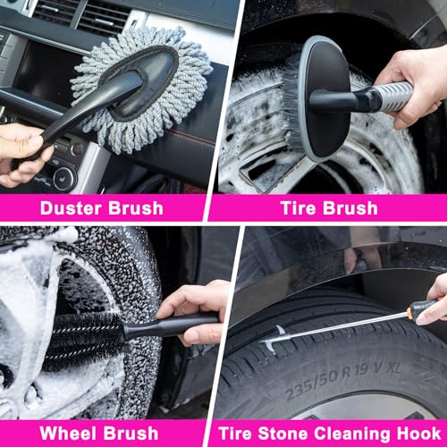 Kit de limpieza de coche de 28 piezas, color rosa, cepillo d