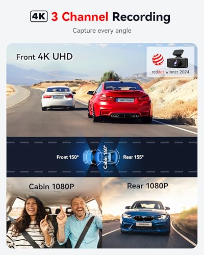REDTIGER Cámara de tablero 4K de 3 canales, WiFi de 5 GHz GP