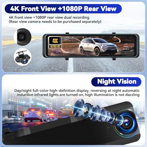 CAMECHO Cámara de espejo retrovisor 4K de 11.26 pulgadas, as