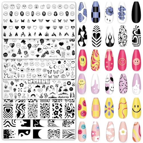 Whaline Juego de 6 placas de uñas de cara sonriente, diseño
