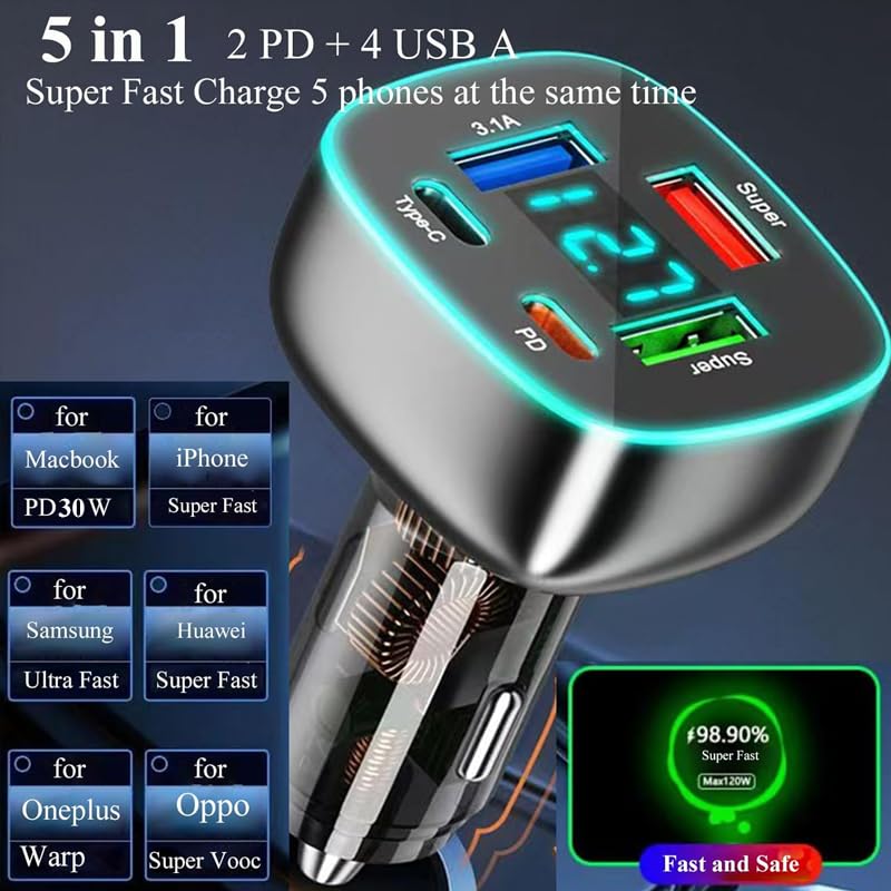 Cargador de teléfono de coche USB C de 5 puertos con pantall