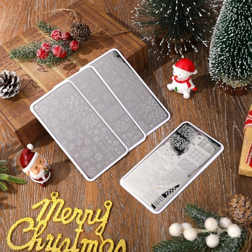 Juego de 4 placas de uñas de Navidad, árbol de Navidad, copo