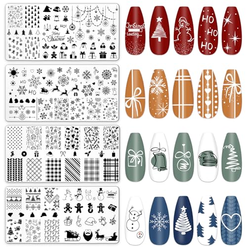 Juego de 4 placas de uñas de Navidad, árbol de Navidad, copo