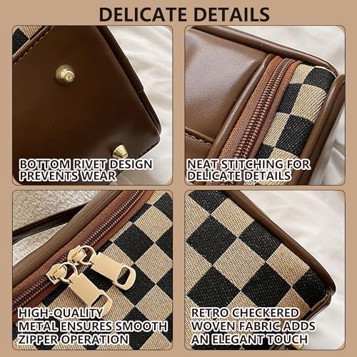 Vintage Makeup Bag for Women Portable Retro Checkered Patter