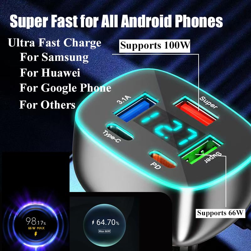 Cargador de teléfono de coche USB C de 5 puertos con pantall