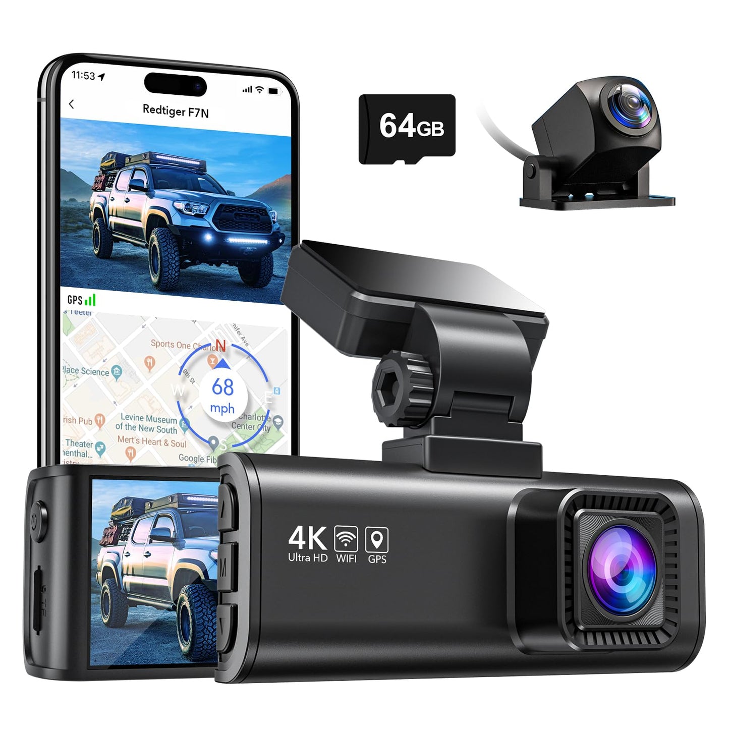 REDTIGER F7N 4K Dual Dash Cam con tarjeta de 64 GB, WiFi GPS