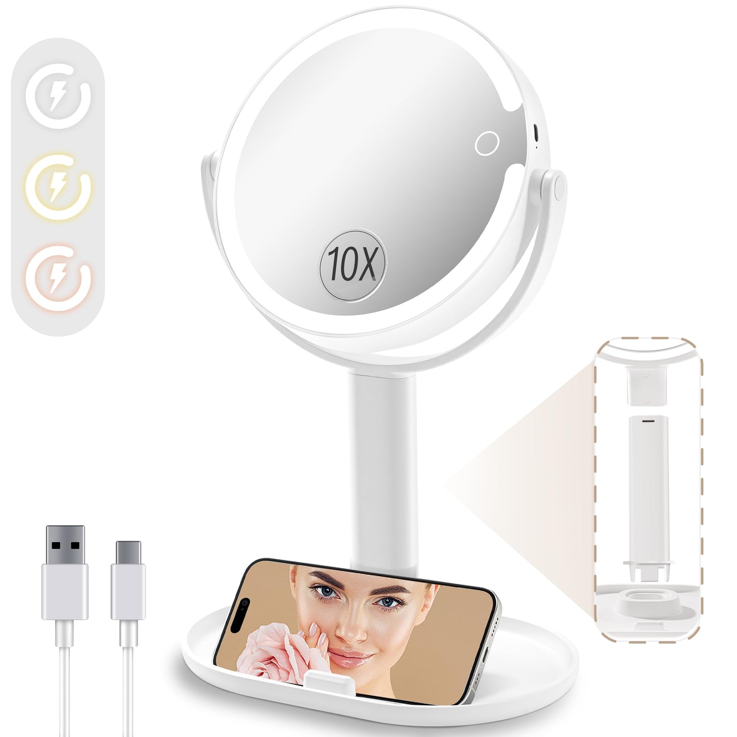 Espejo de maquillaje de tocador con luces, 10X/1X de doble c