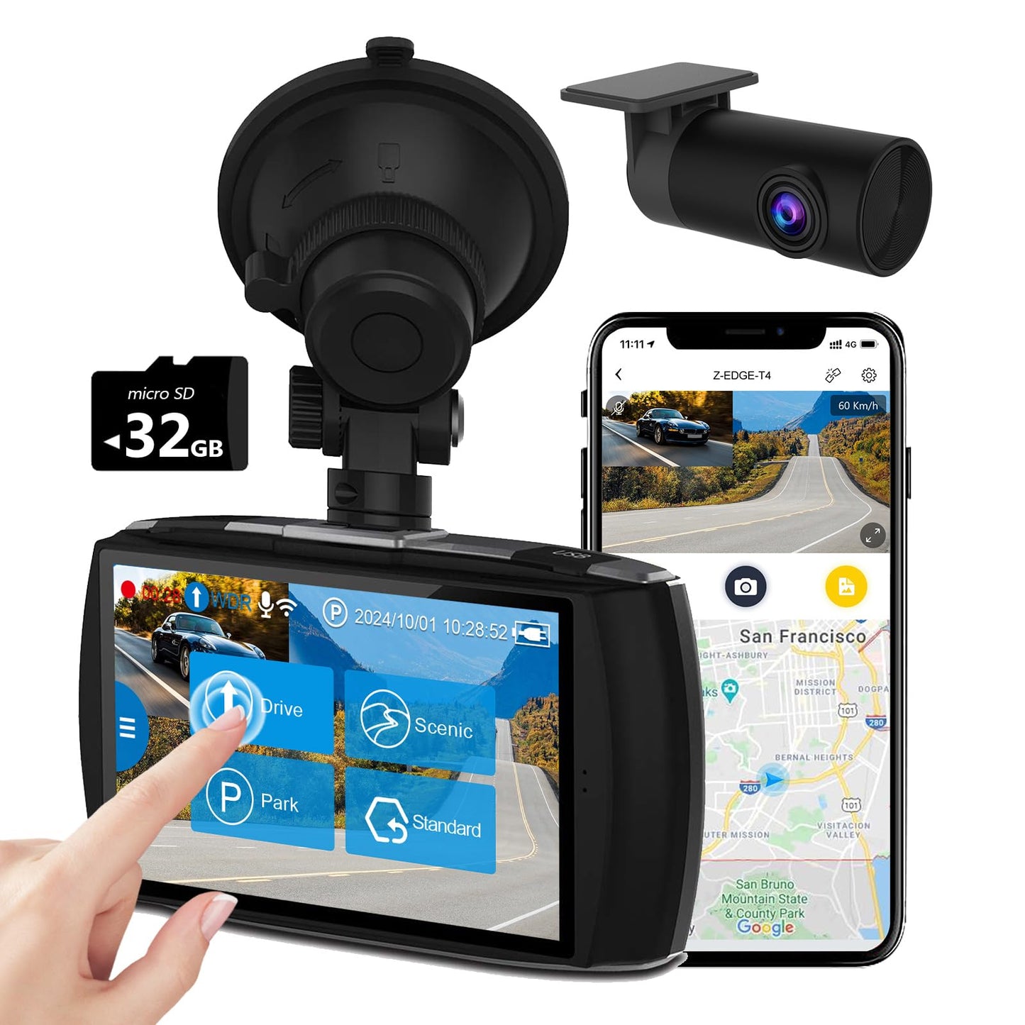 Z-Edge T4 Dash Cam delantera y trasera, cámara de tablero du