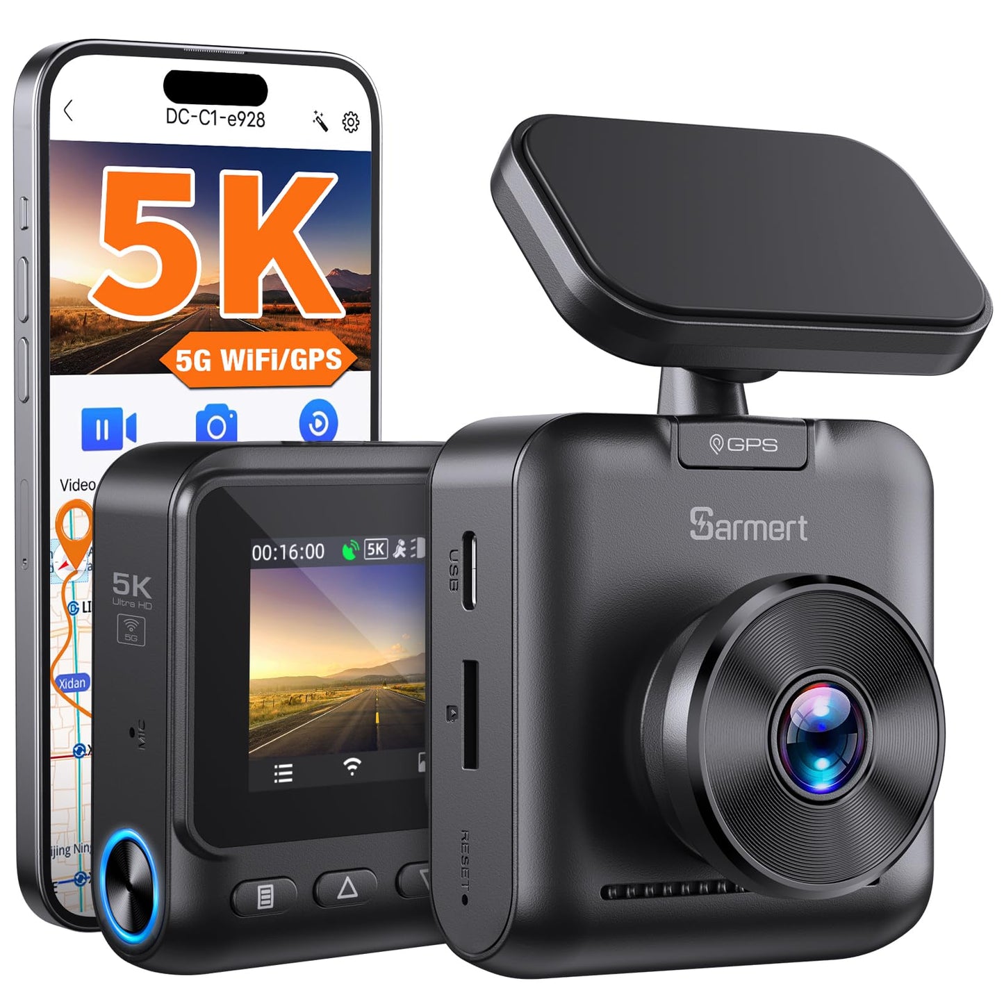 Sarmert C1 5K Dash Cam - GPS integrado y WiFi 5G, 5K/4K/2.5K