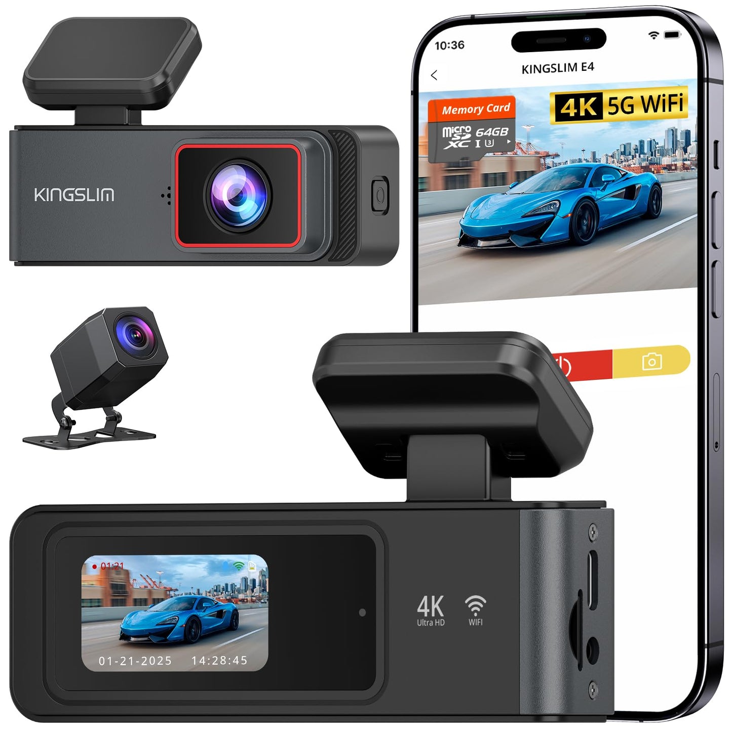 Kingslim Cámara de tablero 4K delantera y trasera con tarjet