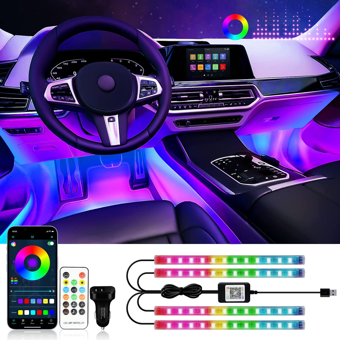 Tira de luces RGB para interior de automóvil con control int