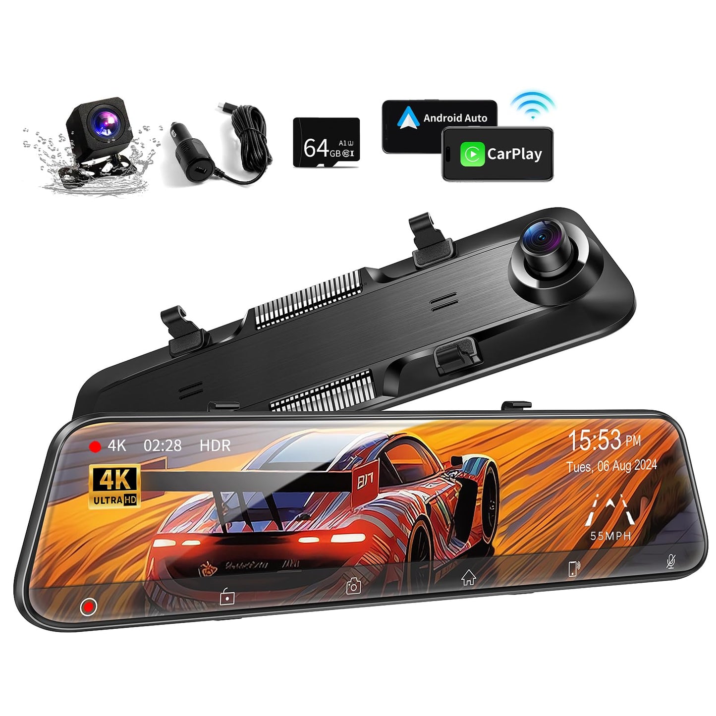 Cámara de tablero WiFi 4K de 12 pulgadas, cámara de visión t