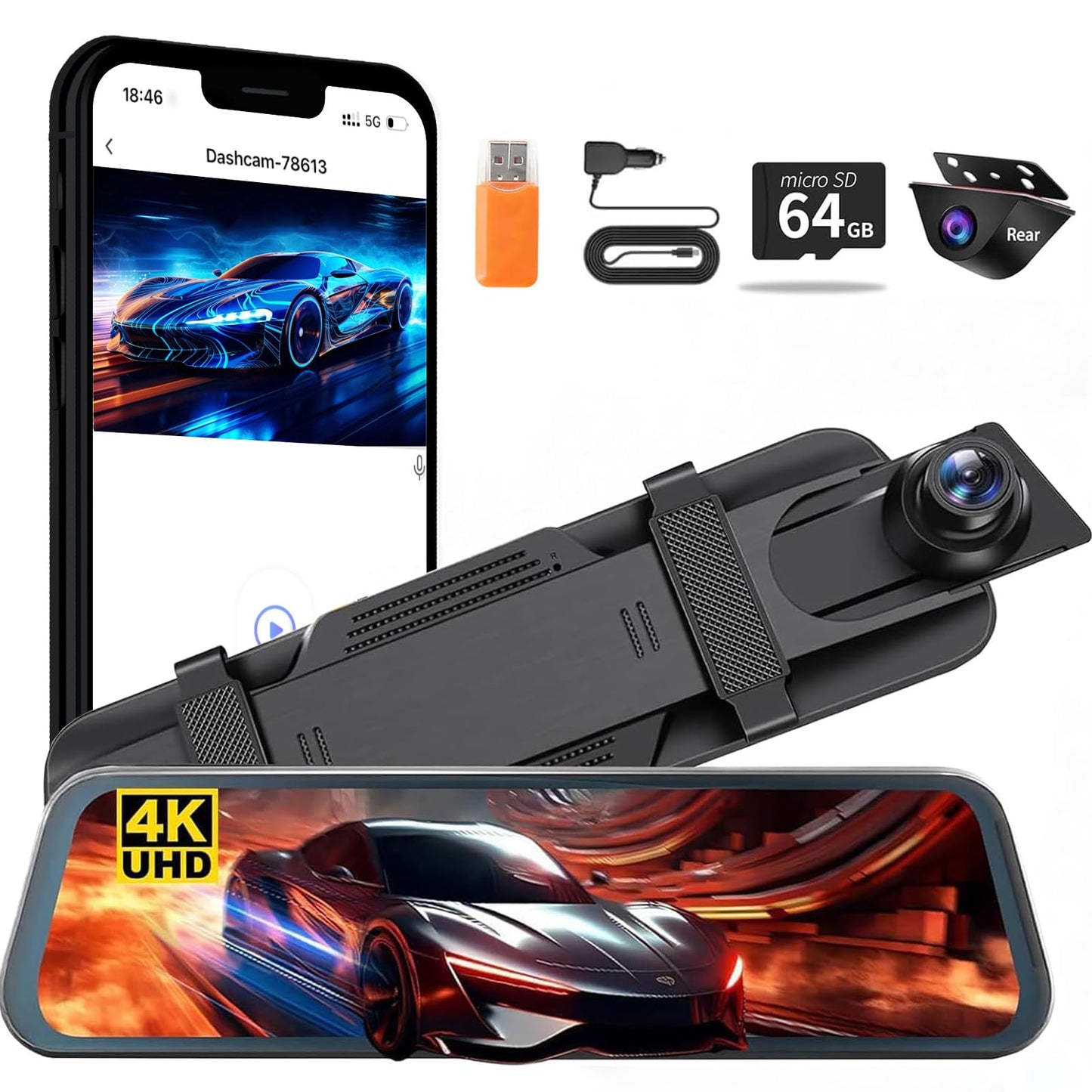 Cámara de tablero de espejo para coche Dual Dashcam 4K front