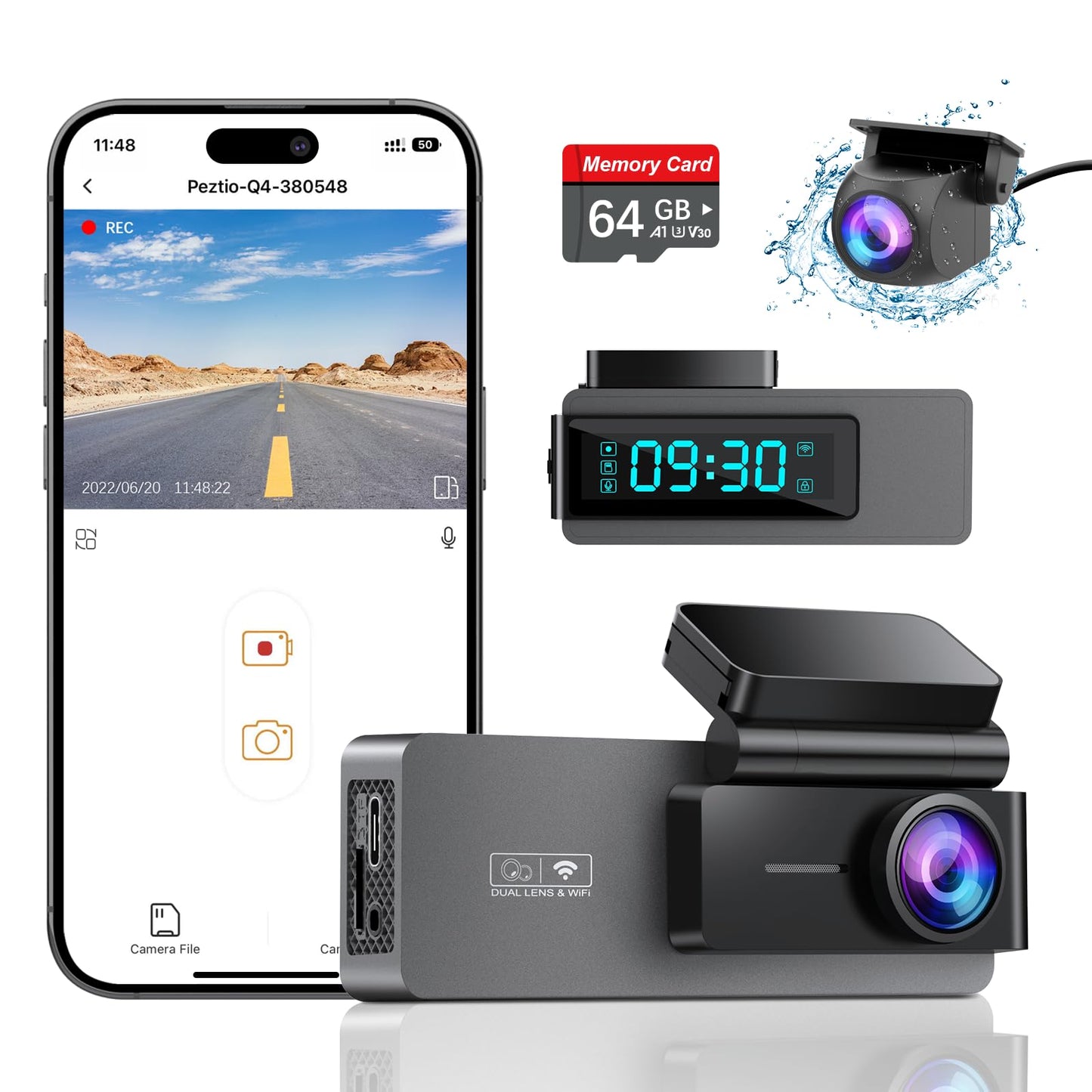 Cámara de tablero frontal y trasera 4K+1080P, tarjeta gratui