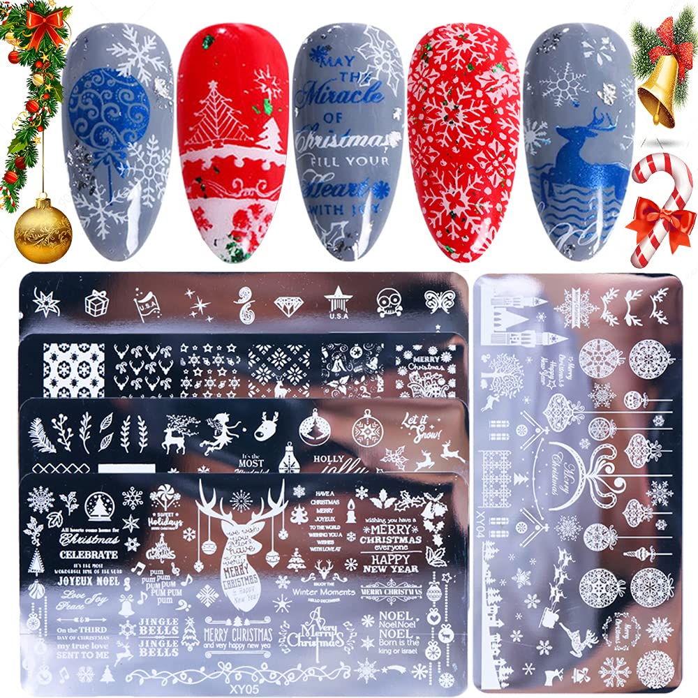 Platos de estampado de uñas de Navidad, 5 piezas, kit de sel