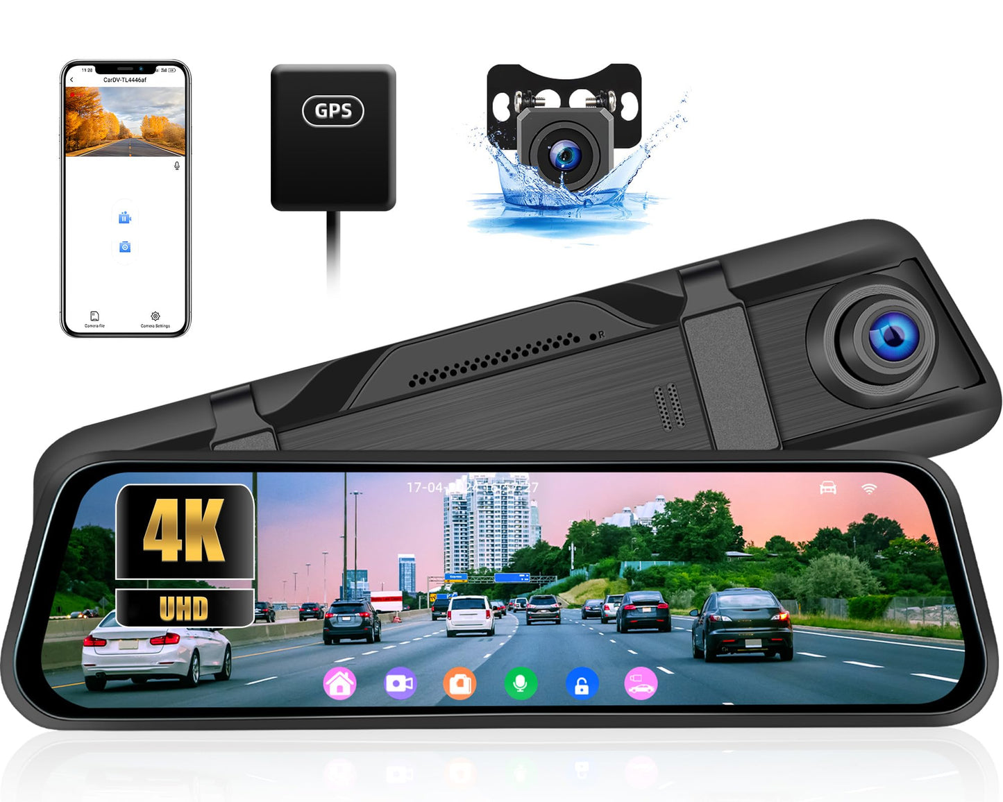 CAMECHO Cámara de tablero de espejo 4K, pantalla táctil comp