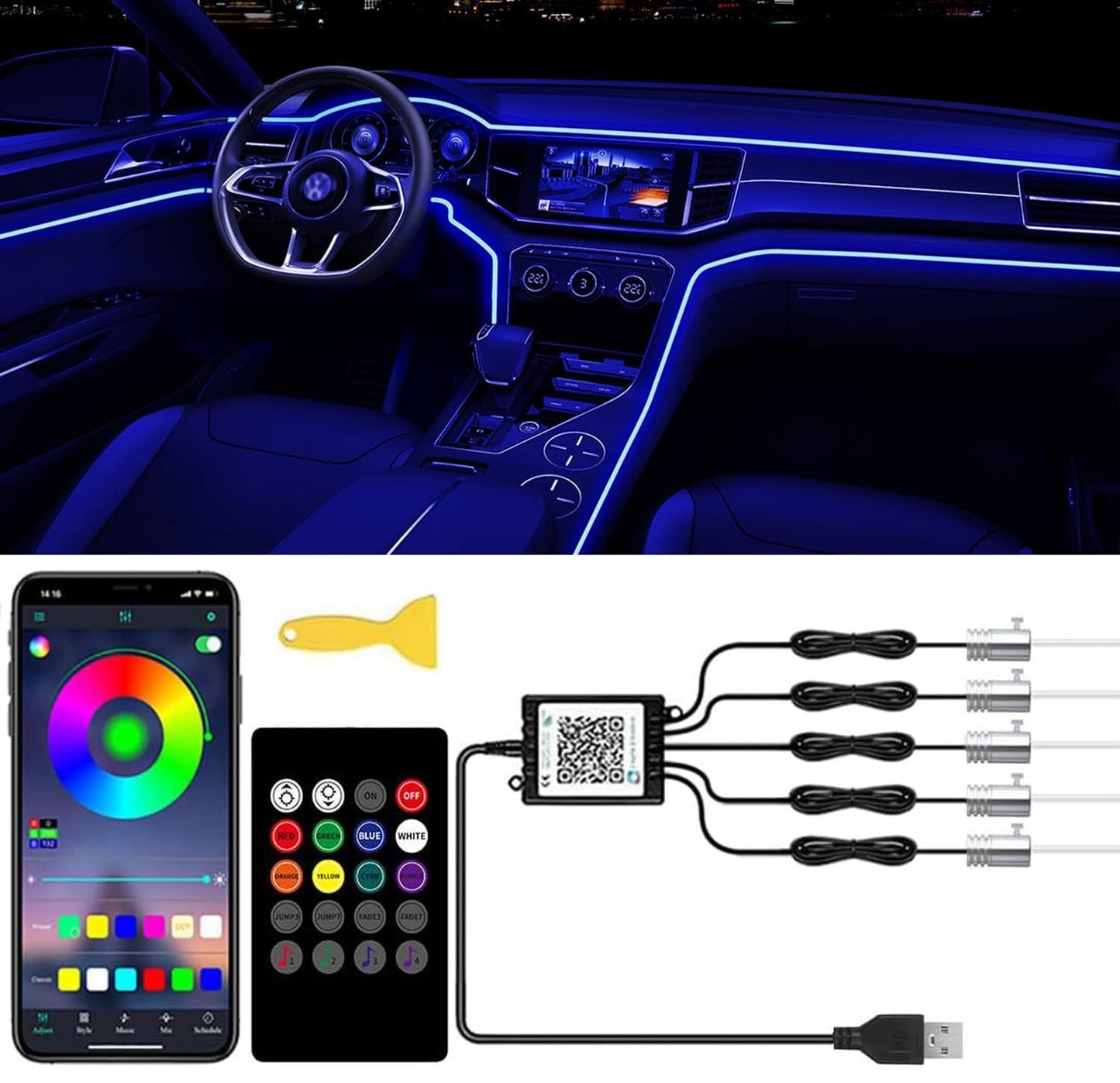 RGB - Tira de luces LED para interior de automóvil, aplicaci