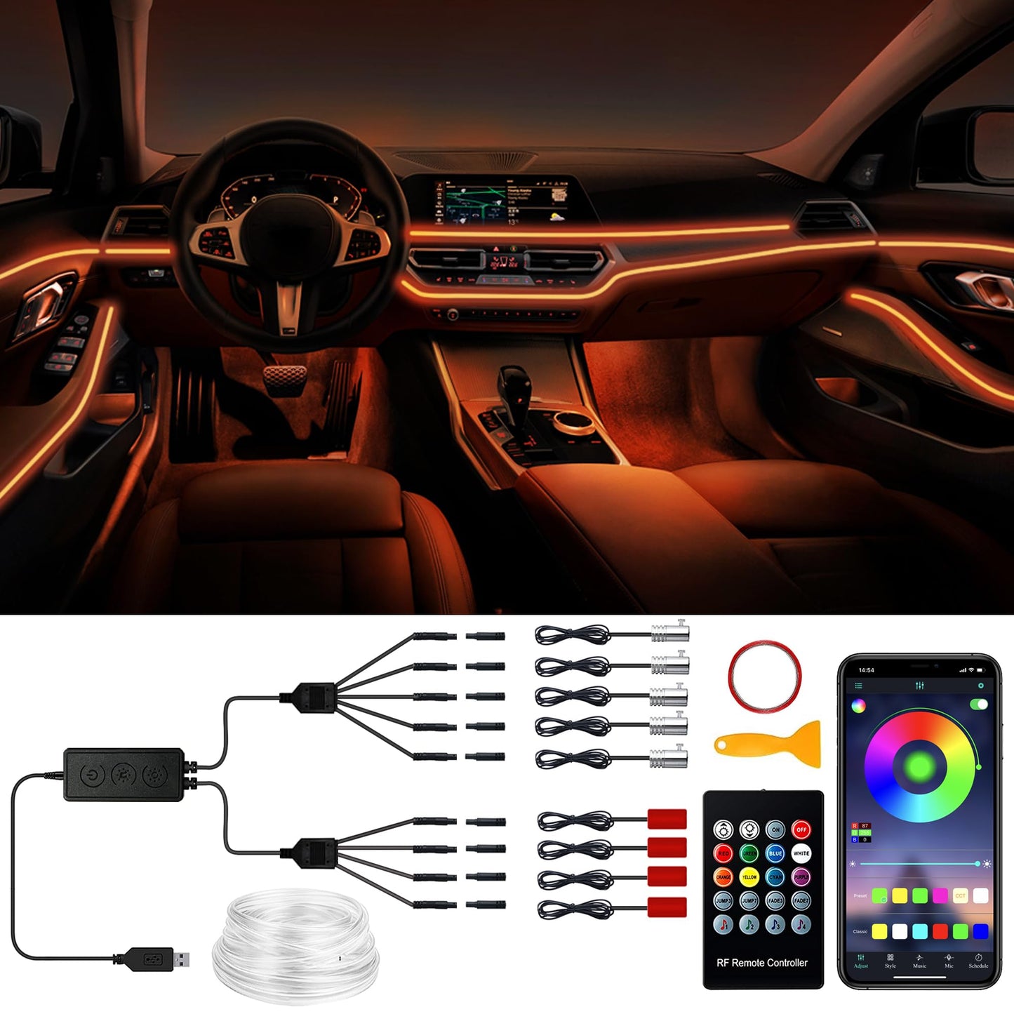 Tira de luces LED para el interior del automóvil, RGB 9 en 1