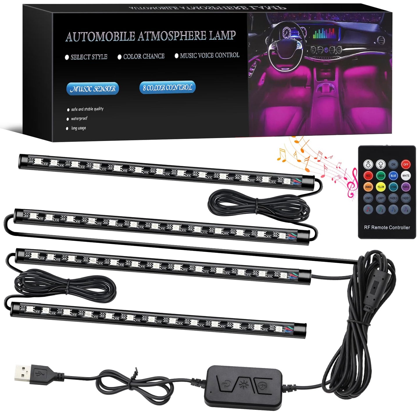 Luces LED para interior de automóvil, 4 tiras de luces LED m