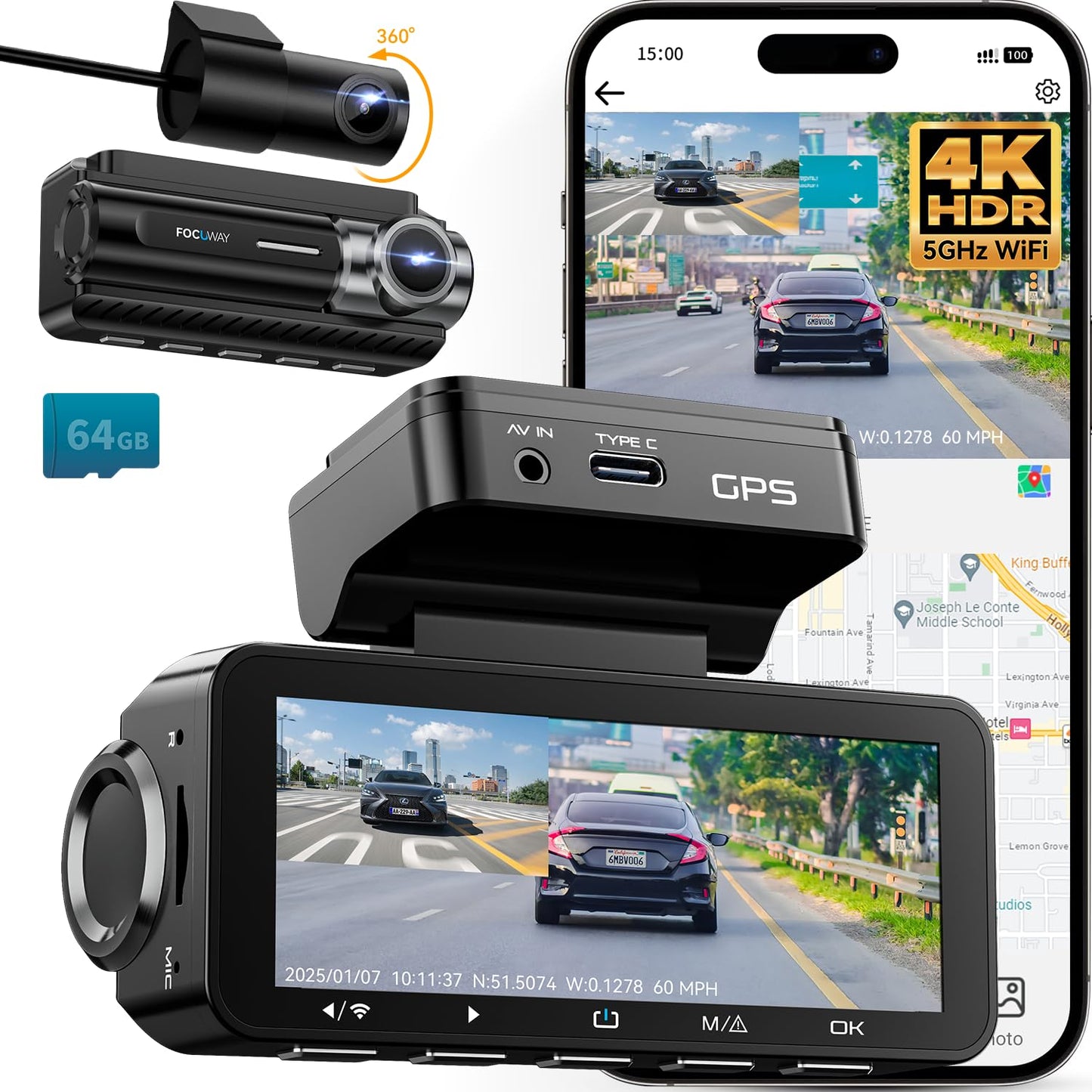 Cámara de tablero frontal trasera 4K integrado 5G WiFi GPS,
