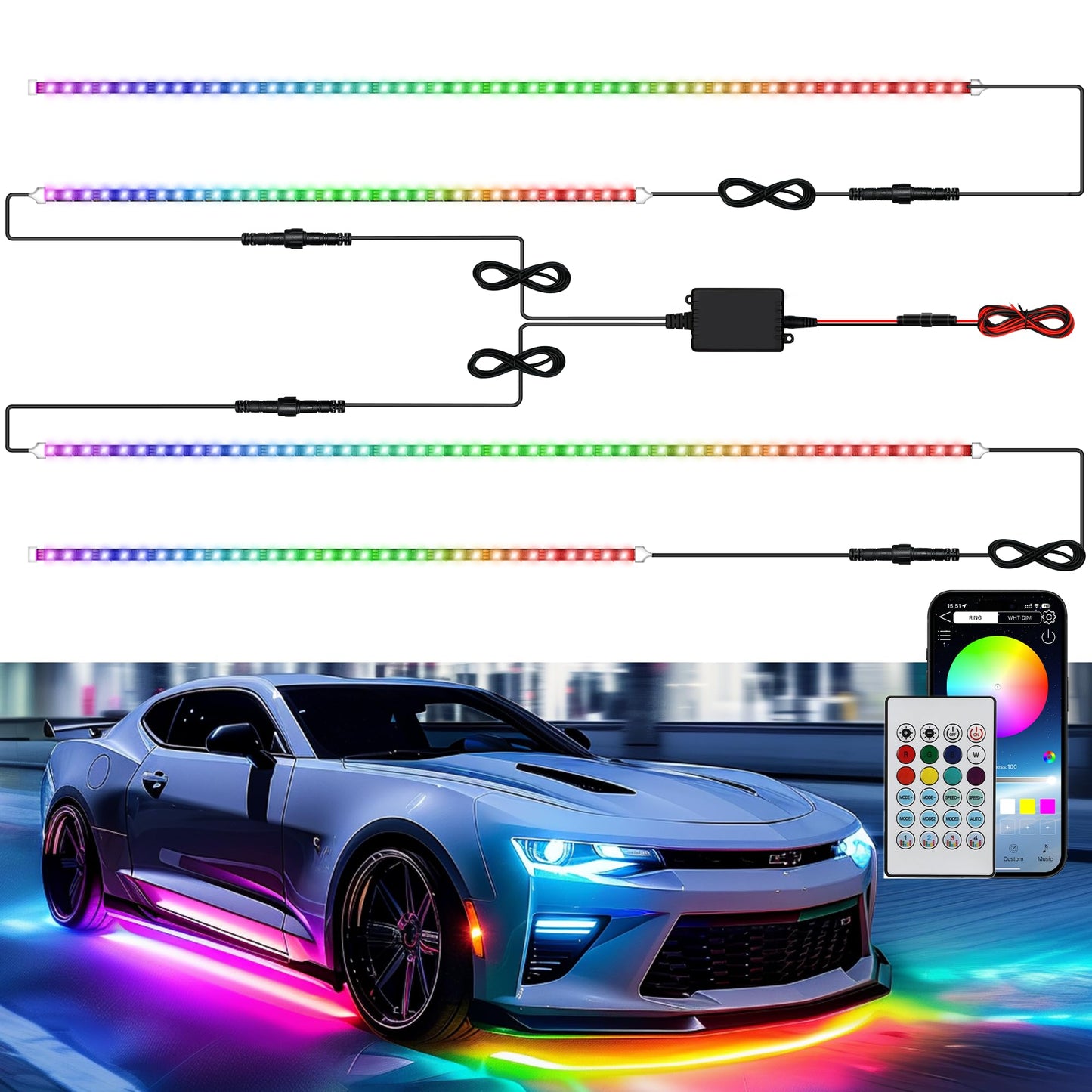 Underglow - Luces LED para autos, 180 luces LED RGBI de neón