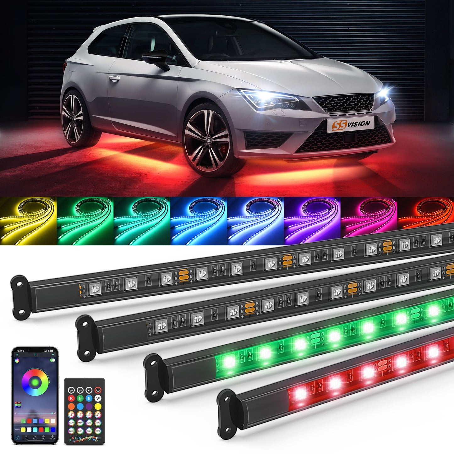 4 tiras de luces de neón para automóvil, luces LED RGB de 12