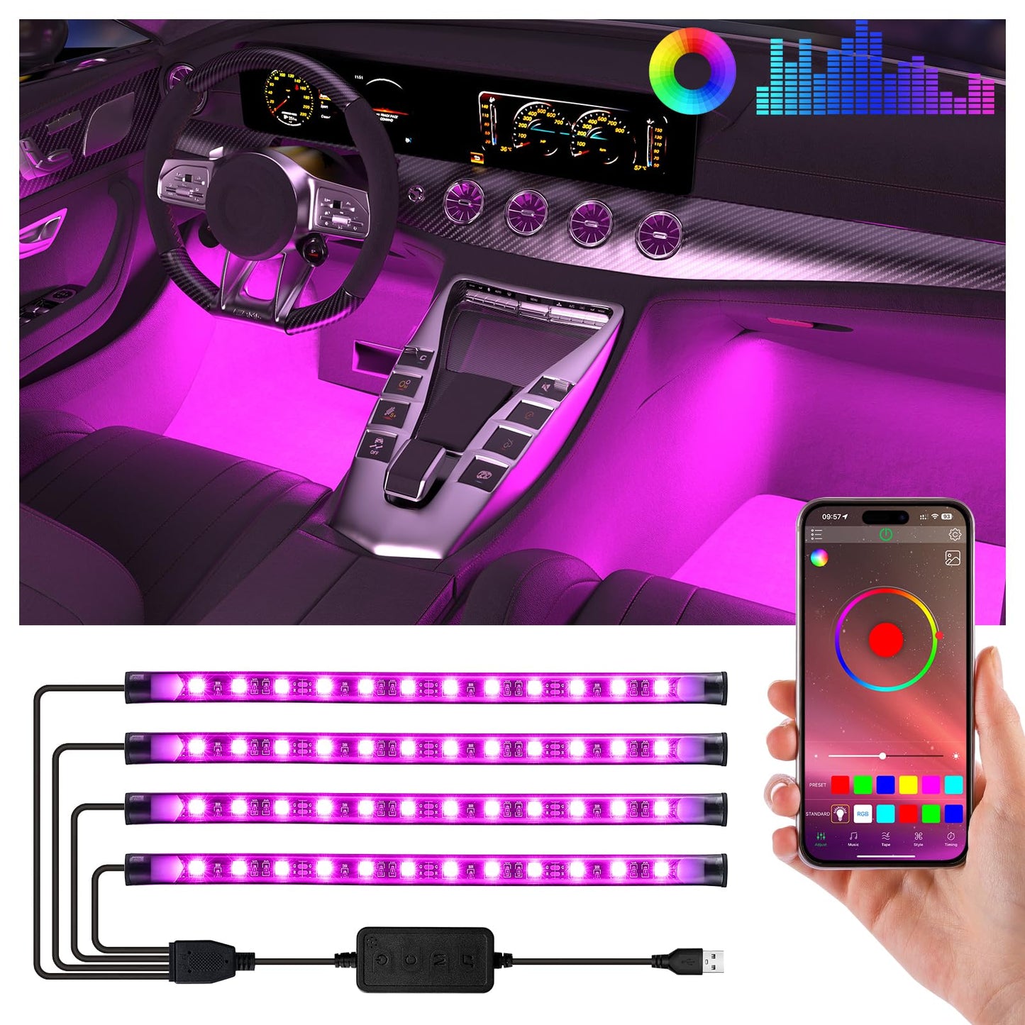 Luces LED para el interior del automóvil con control intelig