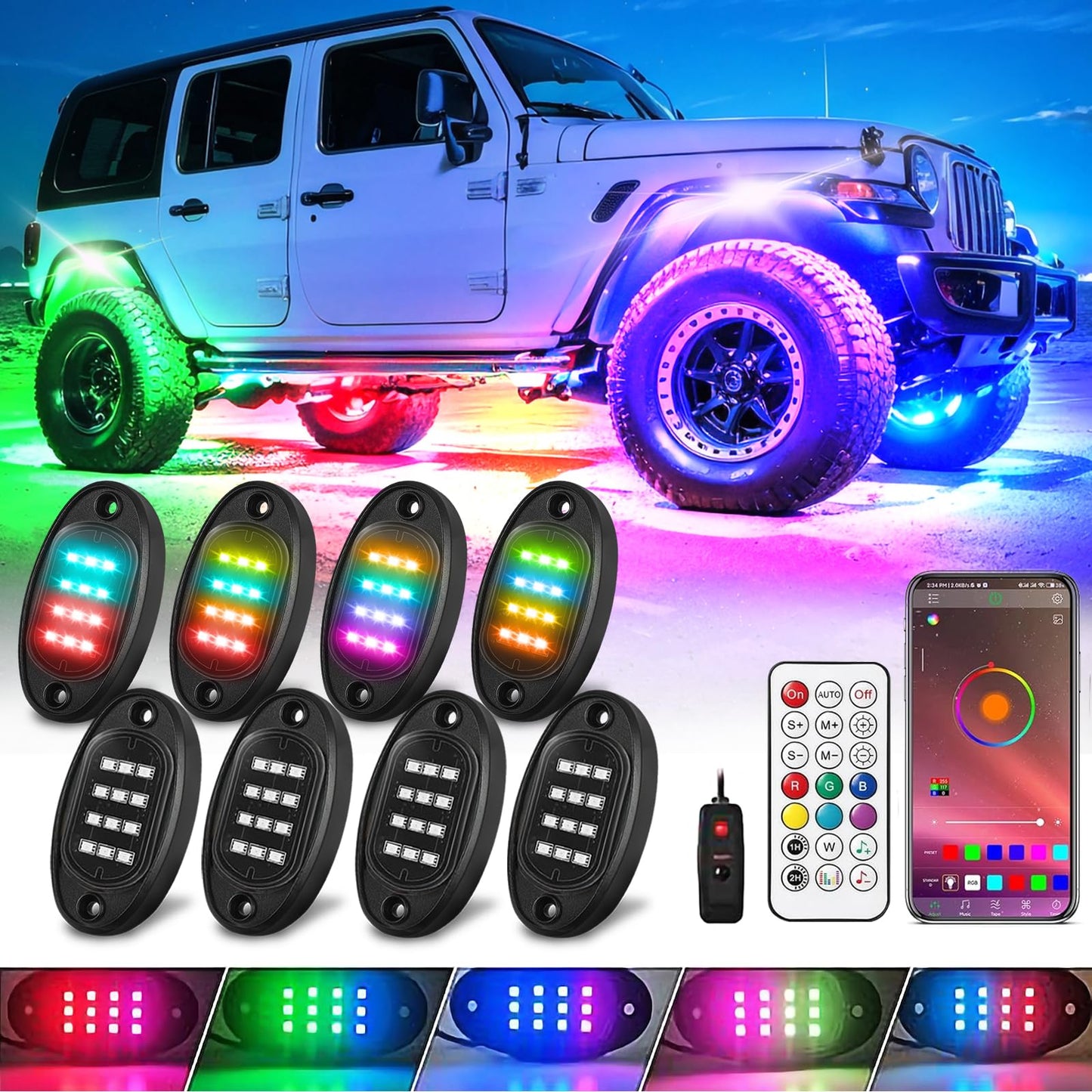 8 cápsulas RGB+IC LED Rock Lights para carrito de golf, cami