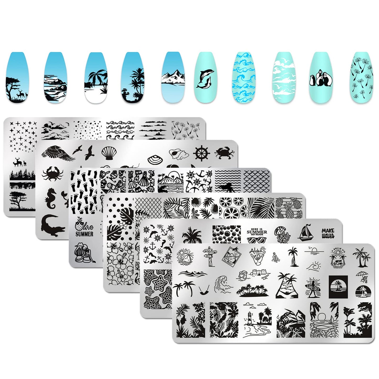 Juego de 6 placas de estampado de uñas de paisajes marinos p