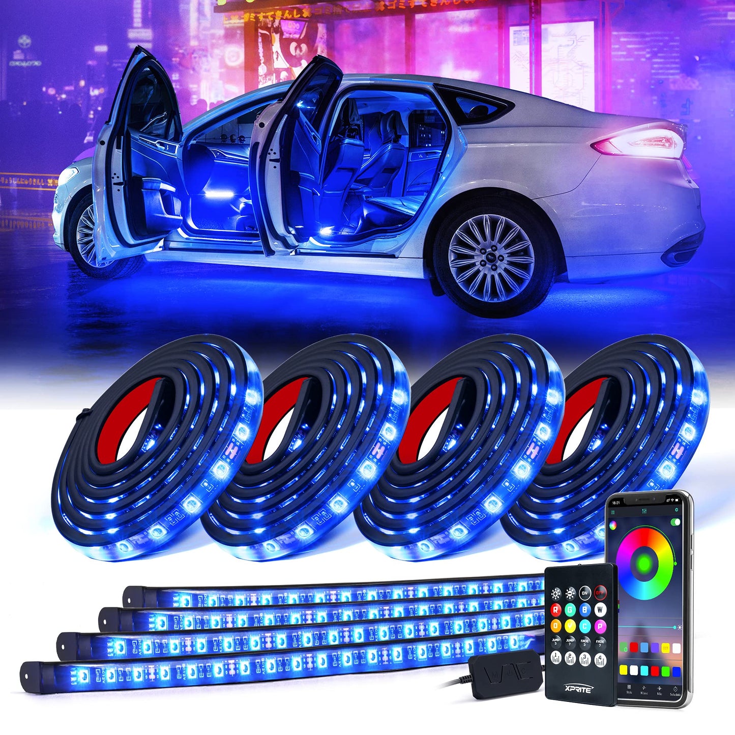 Xprite 8 tiras de luces LED RGB para automóvil, kit de luces