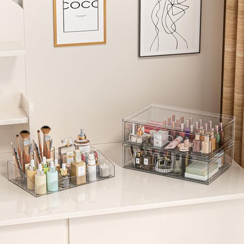 Organizador de maquillaje apilable transparente de 3 niveles