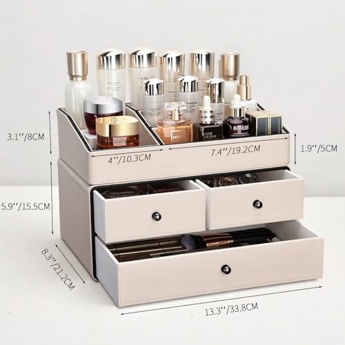 KINGFOM Organizador de maquillaje de cuero con 3 cajones, or
