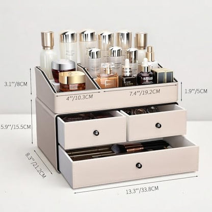 KINGFOM Organizador de maquillaje de cuero con 3 cajones, or