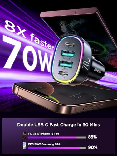 Cargador de coche USB C 70 W 4 puertos adaptador de encended