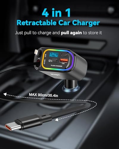 Miger Cargador retráctil de coche 4 en 1,100 W cargador de c