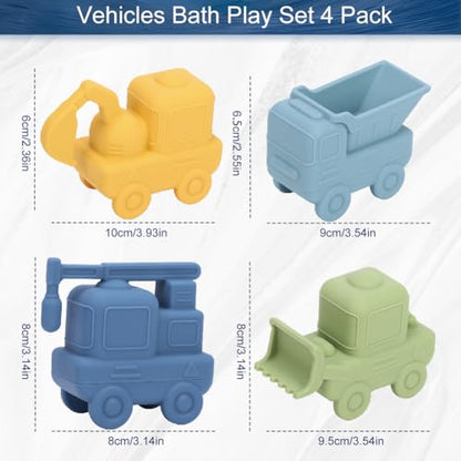 Juguetes de baño para vehículos, paquete de 4 juguetes de baño de sili