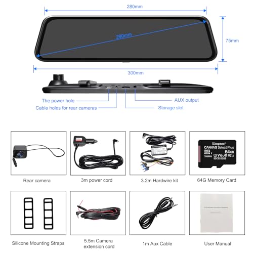 Cámara de respaldo con espejo retrovisor 2K de 12 pulgadas,