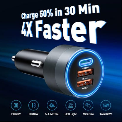 Cargador de coche USB C para iPhone 16, 66 W, adaptador de e